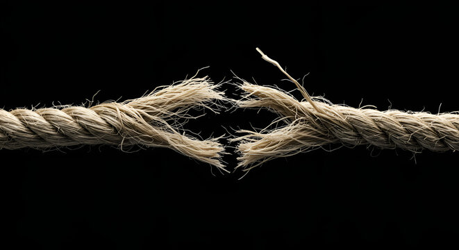 Torn rope symbolizing stress, strain, and breaking point against black backdrop
