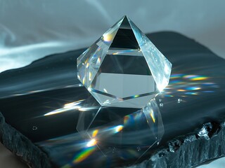 A multifaceted clear crystal prism refracts light into a spectrum of vibrant colors casting rainbow reflections on a dark textured surface
