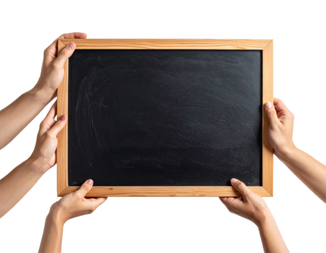 Hands Holding Empty Blackboard with Wooden Frame Isolated on White Background - Powered by Adobe