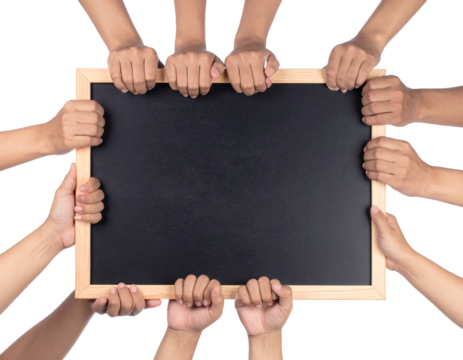 Hands Holding Empty Blackboard with Wooden Frame Isolated on White Background