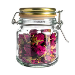 Preserved dried rosebuds fill a clear glass jar with a gold lid.