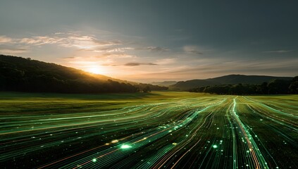 Expansive rural landscape illuminated by streaking green lights under a dramatic sunset sky