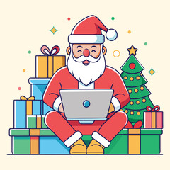 Santa Claus Working on Laptop with Christmas Gifts
