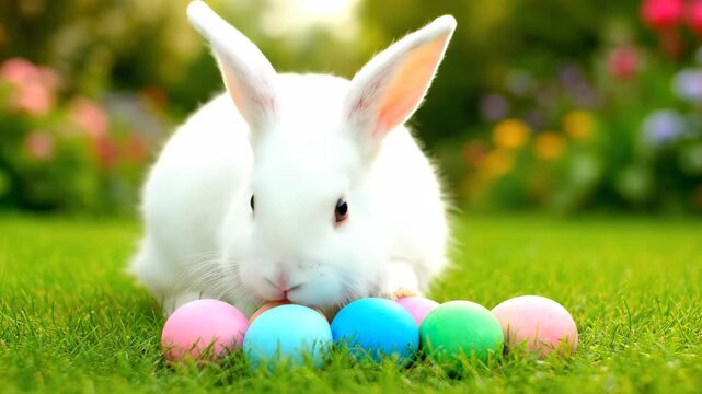Cute White Rabbit with Colorful Eggs on Green Grass - A fluffy white rabbit is seen closely inspecting a row of brightly colored Easter eggs on a lush green lawn.