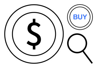 Dollar sign within a circle alongside magnifying glasses and Buy text. Ideal for e-commerce, online marketing, investment, finance management, consumer behavior, research, simple flat metaphor
