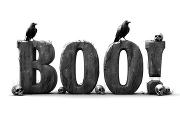 Elegant gothic 3D dark stone lettering with fog, skulls and ravens on white. Words: Halloween, Trick or Treat, Happy Halloween, Spooky, Boo!, Creepy, October, Scary Night. Cinematic clipart.
