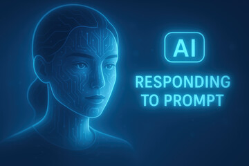 Obraz premium Prompt ai programmer portrait with neon circuit face glowing blue and futuristic emotion