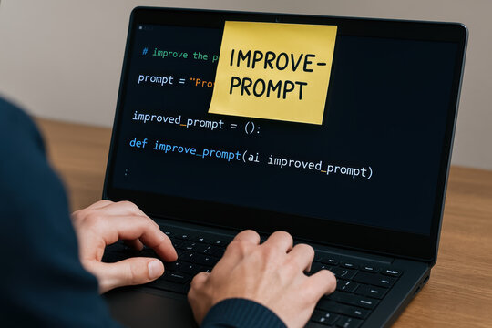 Improve prompt ai programmer prompt improve ai programmer sticky note on laptop showing code and hand typing