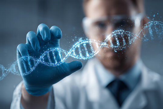 Scientist touching glowing dna structure representing genetic research