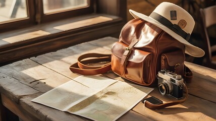Travel Adventure Essentials Flat Lay on Rustic Wooden Table
