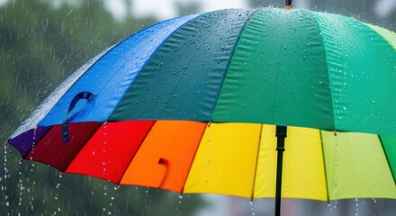 Vibrant rainbow colored umbrella provides shelter from the refreshing summer rain a delightful shield against the downpour