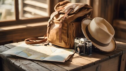 Travel Adventure Essentials Flat Lay on Rustic Wooden Table