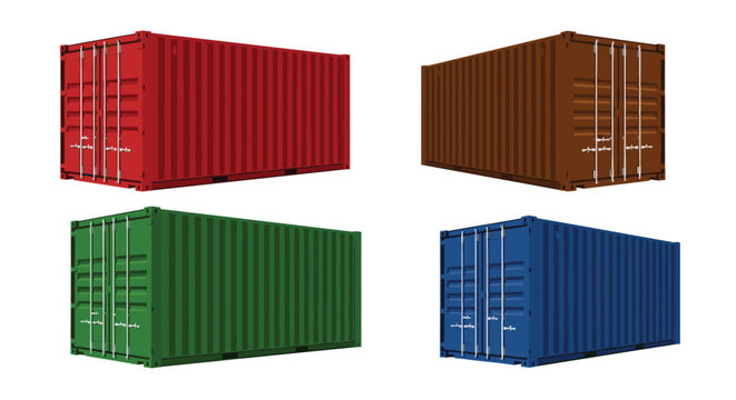 Four colorful shipping containers isolated on a white background.