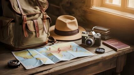 Travel Adventure Essentials Flat Lay on Rustic Wooden Table