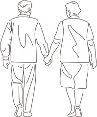 Line art vector of senior couple holding hands and walking
