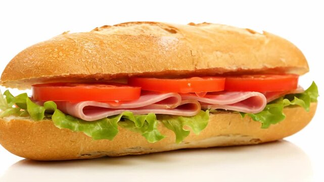 Fresh Ham and Tomato Submarine Sandwich - A delicious and visually appealing submarine sandwich featuring layers of fresh lettuce, slices of ham, and vibrant red tomatoes neatly tucked in a crispy