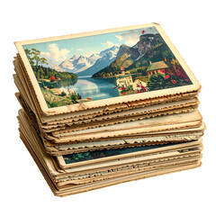 Stack of vintage scenic postcards features mountains and lakes.
