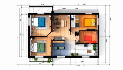 Modern House Floor Plan Top View, 3D Architectural Layout