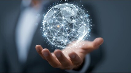 Holding the World in Hand: A business professional gracefully cradles a glowing, digital representation of the globe in their open palm, symbolizing global connectivity and technological innovation. - Powered by Adobe