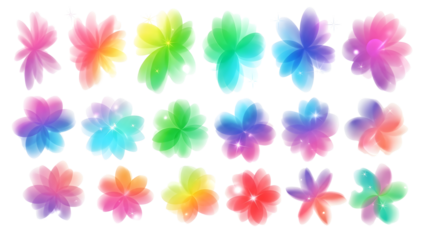Colorful blurred gradient flowers collection. Bright blurry floral aura shape set. Fading abstract elements for poster, template, badge, sticker, collage. Vector iridescent smooth flower pack