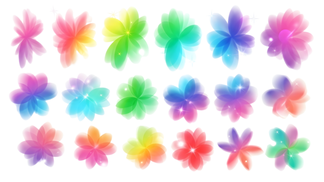 Colorful blurred gradient flowers collection. Bright blurry floral aura shape set. Fading abstract elements for poster, template, badge, sticker, collage. Vector iridescent smooth flower pack - Powered by Adobe