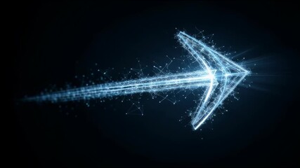 Dynamic Digital Direction: A radiant arrow composed of interconnected particles, it moves dynamically on a sleek black backdrop, representing the course of progress and forward motion.