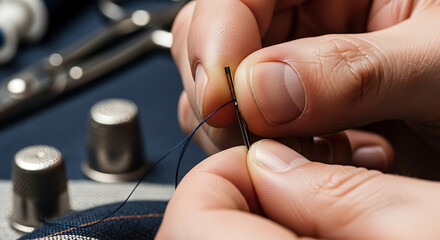 Enhebrado de Aguja Primer Plano, Detalle Profesional de Costura, Artesanía Textil, Fotografía Macro