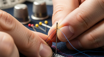 Enhebrado de Aguja Primer Plano, Detalle Profesional de Costura, Artesanía Textil, Fotografía Macro