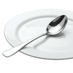 Silver spoon rests on a white oval plate against a dark background.