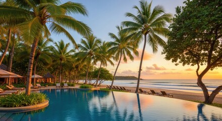 Tropical Paradise Serenity An Infinity Pool Overlooks a Tranquil Beach with Swaying Palm Trees and the Gentle Glow of a Sunrise Creating a Perfect Vacation Escape
