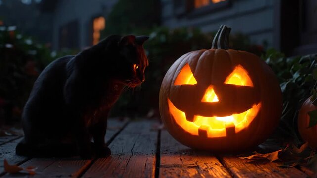 Halloween Scene: Black Cat and Jack-o'-Lantern - A black cat with glowing eyes sits next to a carved jack-o'-lantern on a wooden surface at dusk.