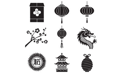 Chinese New Year Icon Set | Black Silhouette Traditional Elements Collection