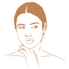 This is an illustration of a woman's head and shoulders, drawn with fine, continuous line work in a sepia tone. She has her hair pulled back and is looking sideways with her hand touching her chin.