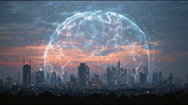 Digital City Shield: A futuristic cityscape, protected by an ethereal digital shield, showcasing a nexus of technology and urban infrastructure. The image evokes a sense of innovation and security.