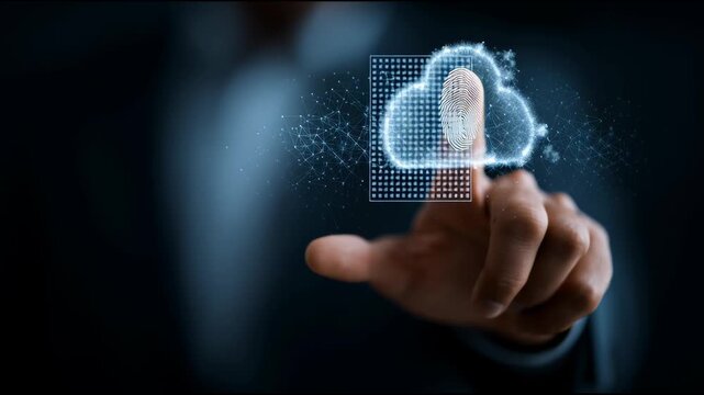 Cloud security: A finger interacts with a digital cloud, representing secure data protection and safeguarding sensitive information in the digital world.