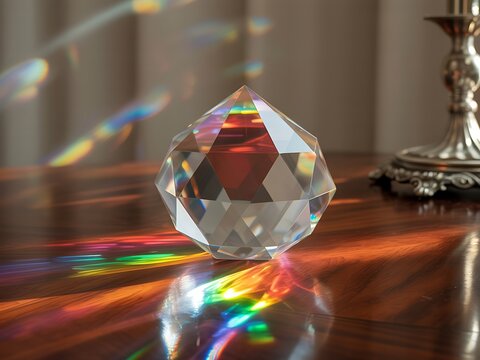 A faceted crystal sphere refracts sunlight casting a vibrant rainbow spectrum of colors across a polished wooden surface creating a mesmerizing display of light and prism effects