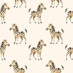 Zebras in geometric watercolor style, seamless pattern on beige background. For fabric, wrapping paper, children’s textile and wildlife-themed designs.
