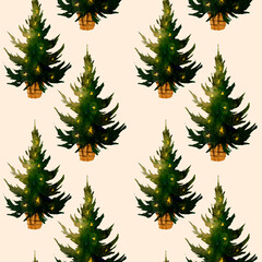 Obraz premium Christmas trees in watercolor style with stars and wooden pots, seamless pattern on beige background. For wrapping paper, holiday textile, gift packaging and winter decor.