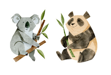 Watercolor koala and panda in geometric style on white background. Calm tones and natural texture. For sticker packs, nursery prints, posters, and educational wildlife projects. © _Julia_red