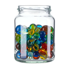 Glass jar filled with colorful marbles against a dark background.