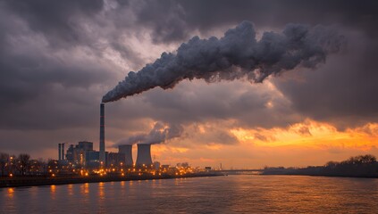Industrial power plant smokestacks emitting dark plumes against a dramatic sunset sky with reflected light on water