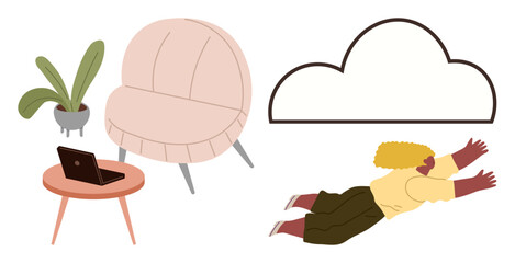 Person floating toward cloud while cozy armchair, laptop on small table, and potted plant create a relaxed workspace. Ideal for creativity, work-life balance, inspiration, remote work, imagination