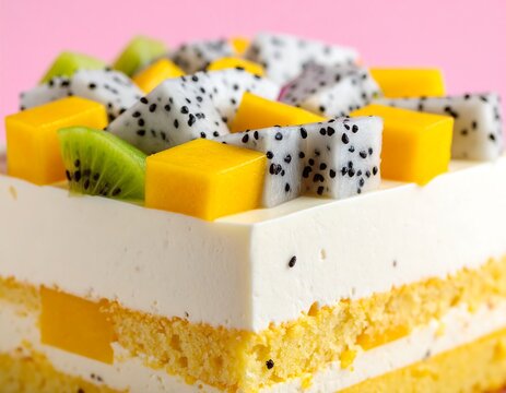 Delicious Fresh Fruit Dessert Cake With Creamy White Frosting And Mangoes