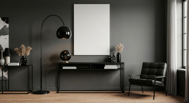 Modern living room interior design featuring a sleek black console table with decorative items and a minimalist armchair with a large blank canvas on the wall showcasing elegant home decor