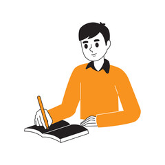 Man In Orange Sweater Writing In Black Notebook With Pencil On Transparent Background