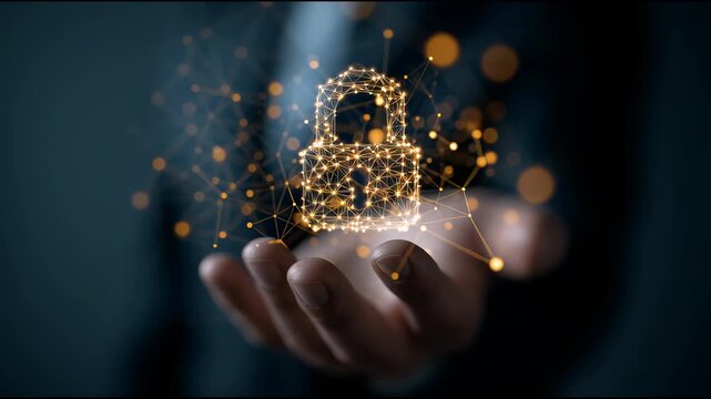 Digital Fortress: A close-up view of a hand, gently cradling a glowing, abstract padlock symbolizing data security. Capturing the essence of online safety and protection.