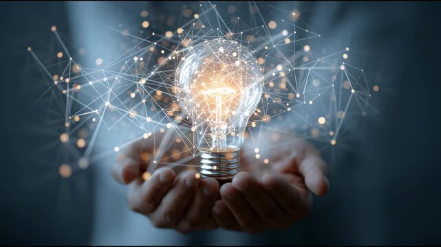 Illumination of Innovation: Two hands gently cradle a glowing lightbulb, intertwined with a network of digital connections, symbolizing the power of ideas.