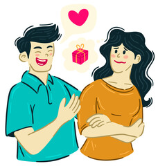 Joyful man in turquoise shirt expressing love with gift a pink heart in thought bubble for a woman in orange shirt with arms crossed
