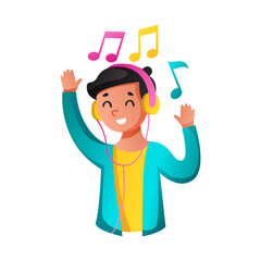 Joyful young person with headphones on dancing with musical notes floating around a smiling face enjoying upbeat melody with closed eyes wearing teal cardigan and yellow shirt
