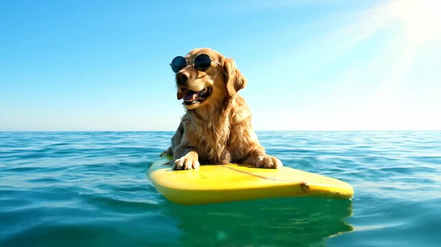 Playful Dog on Surfboard - A cheerful golden retriever wearing sunglasses relaxes on a bright yellow surfboard, floating in calm turquoise waters.